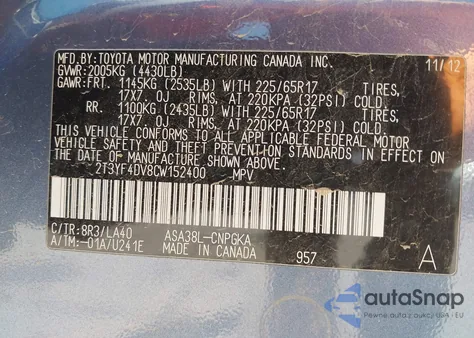 2012 Toyota Rav4 Limited z USA, uszkodzony, nr VIN 2T3YF4DV8CW152400